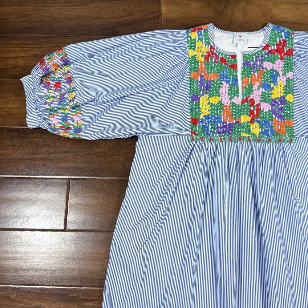 J.Marie Women's Size Small Blue White Striped Embroidered Tristen Midi Dress - Picture 2 of 13